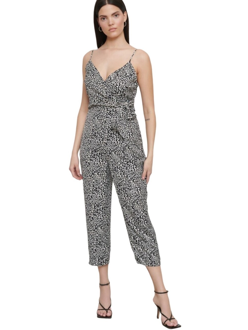 Spaghetti Strap Black & White Floral Crossover Front Jumpsuit
